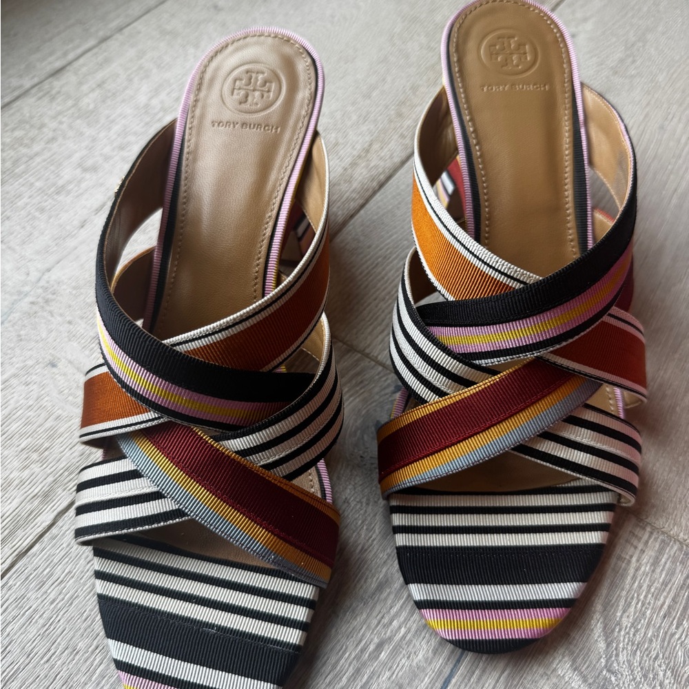 Tory Burch Striped Sandals in Black, White, and Orange